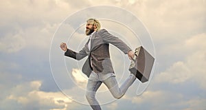 Carefree thief. Business man formal suit carries briefcase. Illegal deal business. Feel impact. Steal something. Hipster