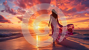 Carefree Woman Strolling on Tranquil Beach at Sunset with Vibrant Floral Dress