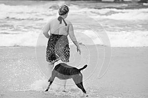 Carefree young woman and her best friend dog playing together in surf beach photo