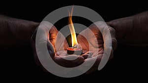 Careful hands holding a burning match on a dark background. Concept of idea and fragility. A symbol of hope and warmth