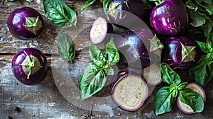 A carefully arranged composition of whole and sliced eggplants on a rustic wooden table