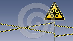 Carefully cold. Warning sign safety. pillar with sign and warning bands. Vector illustrations