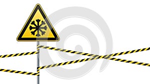 Carefully cold. Warning sign safety. pillar with sign and warning bands. Vector illustrations