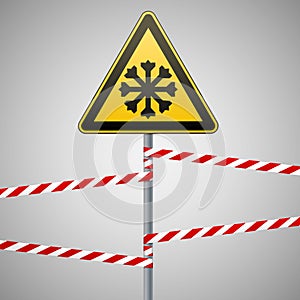 Carefully cold. Warning sign safety. pillar with sign and warning bands. Vector Image.