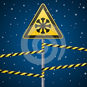 Carefully cold. Warning sign safety. pillar with sign and warning bands. Vector Image.