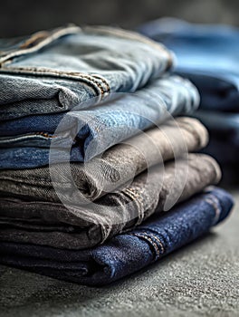 Carefully folded collection of denim jeans in various shades and textures