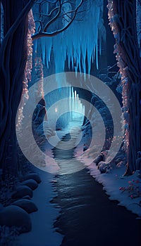 A Carefully Manicured Icey Blue Glowing Path Through an Enchanted Wintery Forest Cozy and Delightful Colors AI Generative