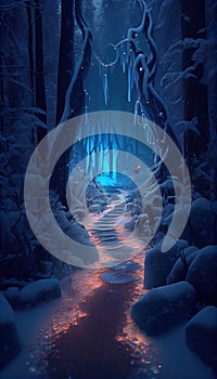 A Carefully Manicured Icey Blue Glowing Path Through an Enchanted Wintery Forest Cozy and Delightful Colors AI Generative photo