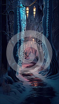 A Carefully Manicured Icey Blue Glowing Path Through an Enchanted Wintery Forest Cozy and Delightful Colors AI Generative photo