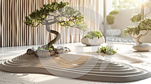 A carefully sculpted bonsai tree stands atop raked sand patterns in a tranquil Zen garden scene, softly illuminated by gentle