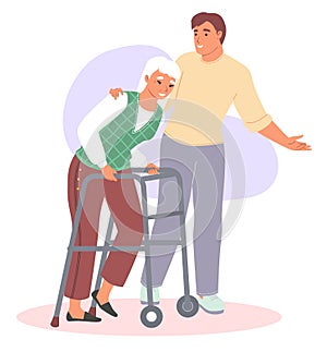 Caregiver assist old woman patient flat vector photo