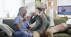 Caregiver, coffee or cheers with elderly man in nursing home, thank you or happy morning for relax. Black people, nurse