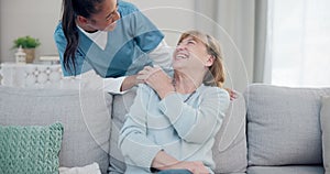 Caregiver, conversation and elderly woman laughing at funny discussion, senior care joke or health services. Retirement