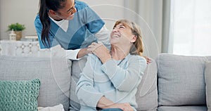 Caregiver, conversation and elderly woman laughing at funny joke, senior care humour or health service comedy