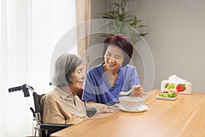 Caregiver feeding elderly asian woman with soup