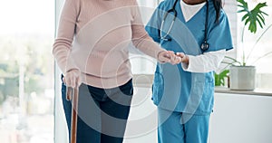 Caregiver hands, disabled and old woman with walking stick for support, senior wellness care or movement disability