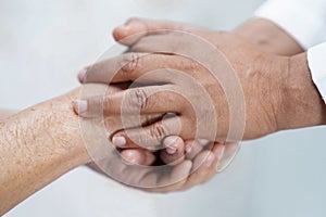 Caregiver holding hands Asian elderly woman patient with love, care, encourage and empathy in park, healthy strong medical