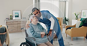 Caregiver, hug and senior woman in a wheelchair with support at a nursing home in retirement. Elderly female patient