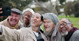 Caregiver, old people and selfie, happy outdoor with elderly care and wellness, health and fresh air. Diversity, memory