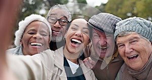 Caregiver, old people and selfie, laughter outdoor with elderly care and wellness, health and fresh air. Happiness