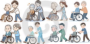 Caregiver pushing wheelchair elderly person graphics