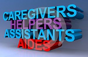 Caregivers helpers assistants aides on blue
