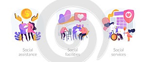 Caregiving and welfare services abstract concept vector illustrations.