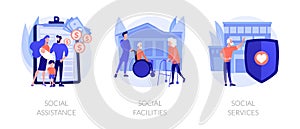 Caregiving and welfare services abstract concept vector illustrations.