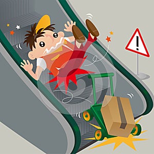 A careless delivery man slipping on escalator