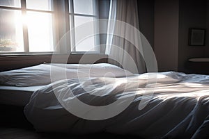 A carelessly made bed with white sheets, two pillows and soft morning light coming through the window, generative AI