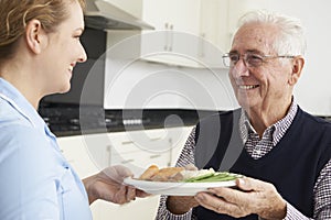 Carer Serving Lunch To Senior Man