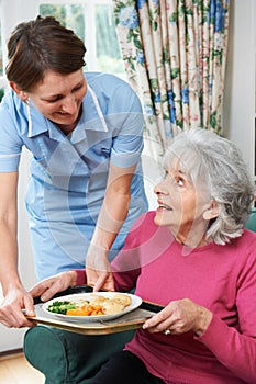 Carer Serving Lunch To Senior Woman