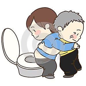 Caretaker supporting old man with toilet