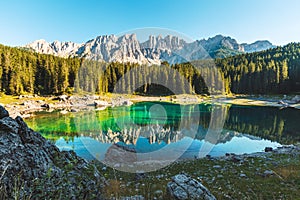 Carezza lake in Dolomites, Italy