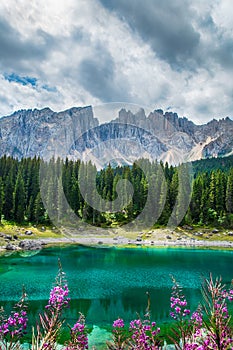 Carezza lake Lago di Carezza, Karersee in Dolomites Alps. Sout