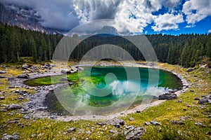 Carezza lake (Lago di Carezza, Karersee) with Mount Latemar, Bolzano province, South tyrol, Italy.