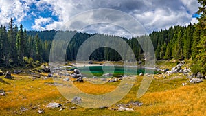 Carezza lake Lago di Carezza, Karersee with Mount Latemar, Bolzano province, South tyrol, Italy