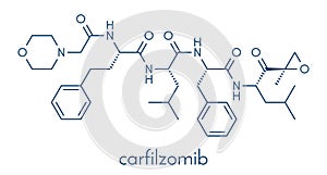 Carfilzomib CFZ multiple myeloma cancer drug molecule. Proteasome inhibitor derived from natural product epoxomicin. Skeletal.