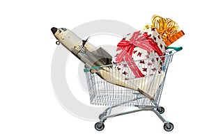 Cargo aircraft with gifts and presents in shopping trolley cart on white background.