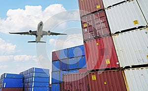 Cargo airplane flying above logistic container. Air logistic. Cargo and shipping business. Container ship for import and export
