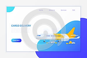 Cargo Airplane loading with Containers Flat vector illustration. Delivery Shipment concept