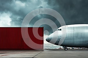 Cargo airplane with red container under cloudy sky