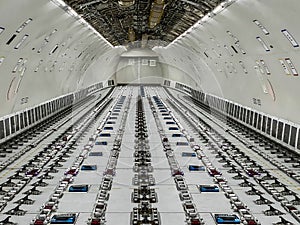 Cargo Airplane - view inside the main deck cargo compartment on a freshly converted wide-body freighter aircraft