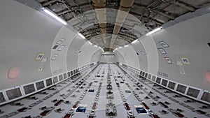 Cargo Airplane - walk inside the main deck cargo compartment on a freshly converted wide-body freighter aircraft