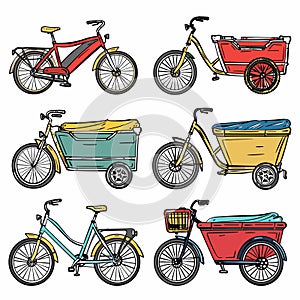 Cargo bikes collection various colors shapes sizes utility cycling transport city. Brightly