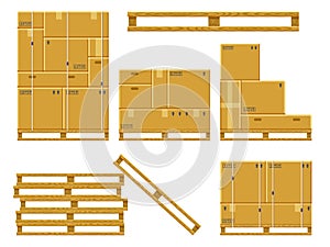 Cargo box stack. Carton delivery packaging boxes on wooden pallet, stacked cardboard package, warehouse storage boxes