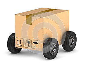 cargo box with wheel on white background. Isolated 3D illustration