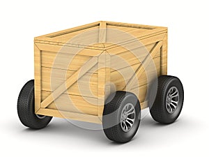 cargo box with wheel on white background. Isolated 3D illustration