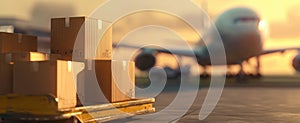 The cargo boxes ready for transport at a bustling airport during sunset. AI generated image