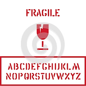 Cargo cardboard box fragile stamp with glass goblet icon and crate font for logistics or packaging